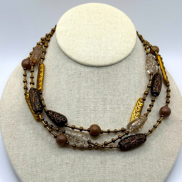 CHICO'S Necklace Multi Strand Layer Gold Tone Brown Clear Metallic Sand Beads - Picture 4 of 5